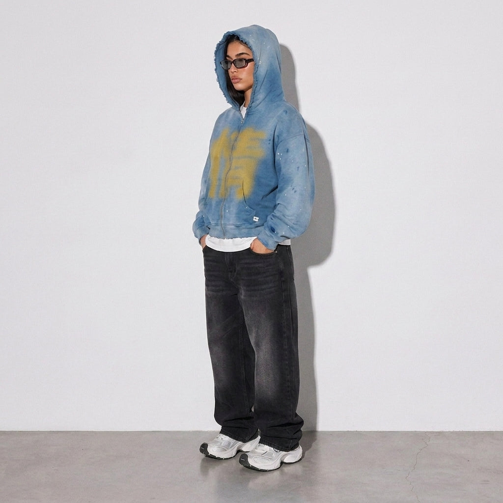 PASSION Hoodie worn with the hood up